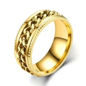 Gold Tone Cuban Link Spinner Ring | Chain Band Fidget Style | Stainless Steel